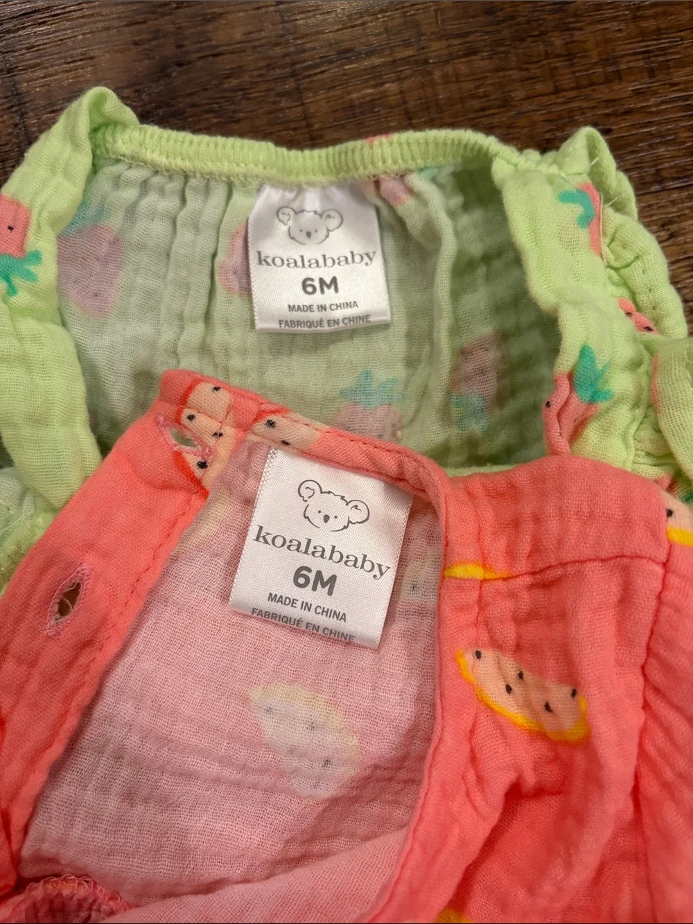 Set of 2 fruit-print baby dresses with bloomers, size 6 M